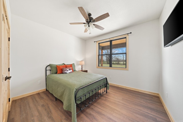 bedroom with ceiling fan and wood-type flooring