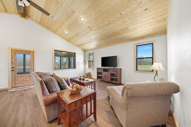 living room with wooden ceiling, vaulted ceiling with beams, ceiling fan, and wood-type flooring