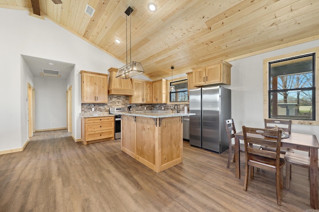 kitchen featuring wooden ceiling, appliances with stainless steel finishes, light hardwood / wood-style floors, decorative backsplash, and decorative light fixtures