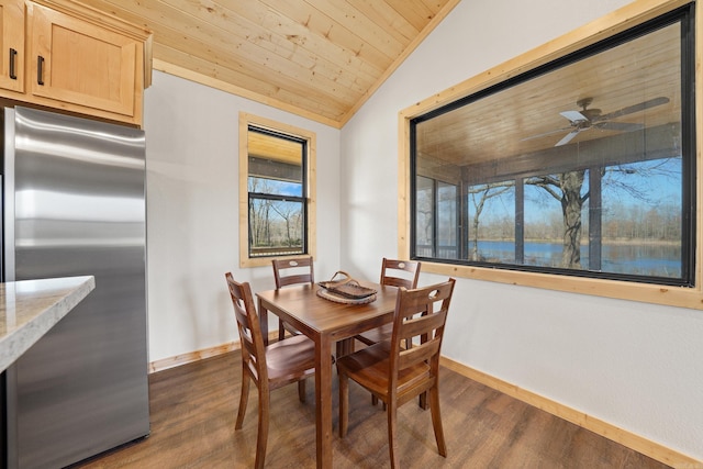 dining space featuring ceiling fan, dark wood-type flooring, lofted ceiling, and wood ceiling