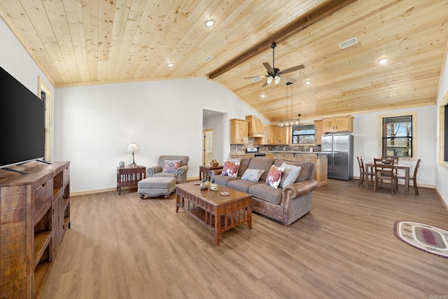 living room with beam ceiling, wooden ceiling, and light hardwood / wood-style floors