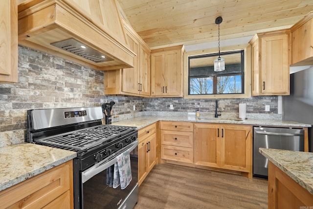 kitchen with appliances with stainless steel finishes, custom exhaust hood, dark hardwood / wood-style flooring, and light stone counters