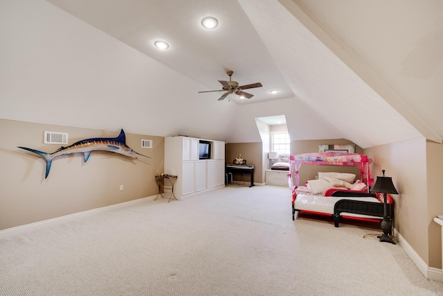 bedroom with lofted ceiling, ceiling fan, and light carpet