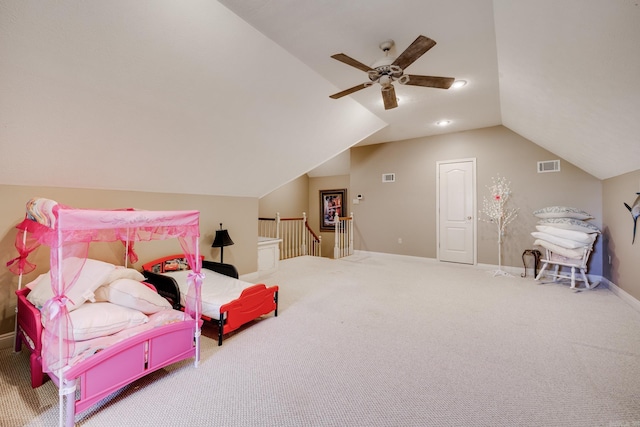 carpeted bedroom featuring vaulted ceiling and ceiling fan