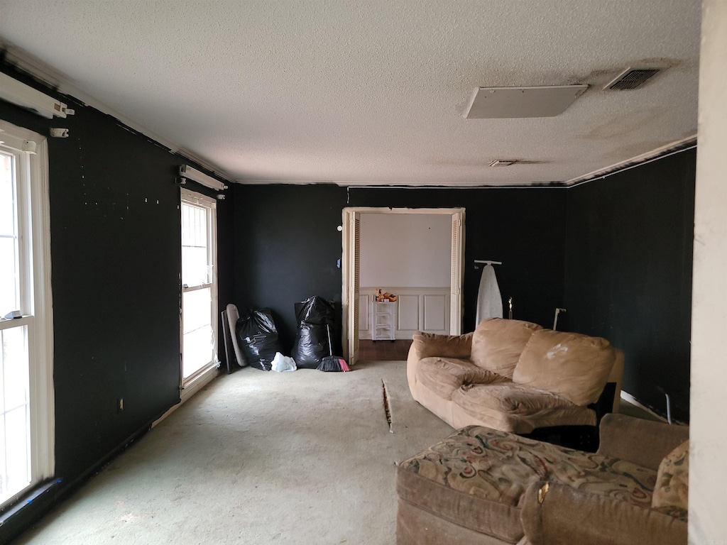 carpeted living room featuring a textured ceiling