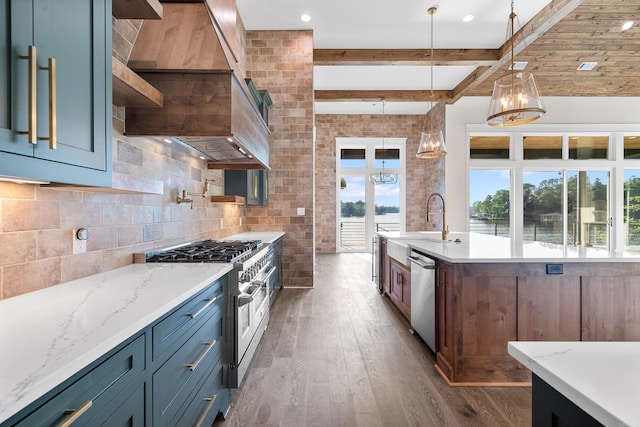 kitchen with dark wood finished floors, beam ceiling, stainless steel appliances, open shelves, and a sink