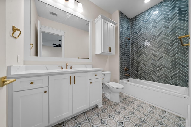 bathroom with tile patterned flooring, toilet, visible vents, vanity, and shower / bathing tub combination