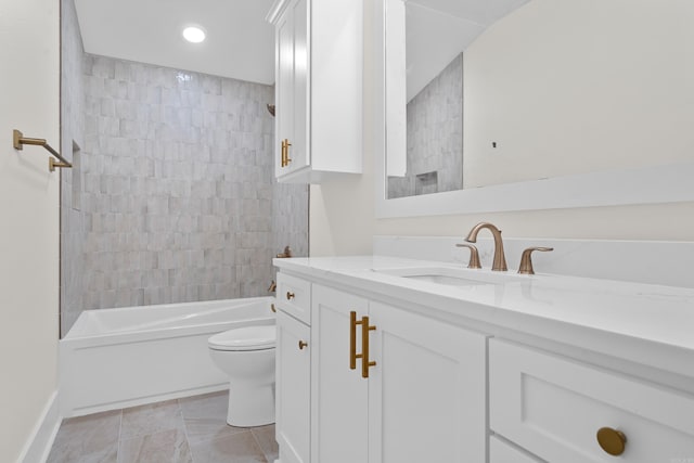 bathroom featuring shower / tub combination, vanity, toilet, and recessed lighting