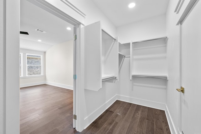 spacious closet with visible vents and dark wood finished floors