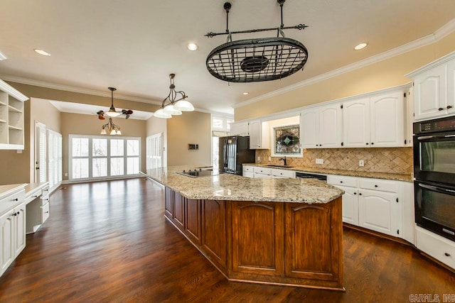 kitchen with black appliances, white cabinetry, backsplash, a kitchen island with sink, and dark hardwood / wood-style floors