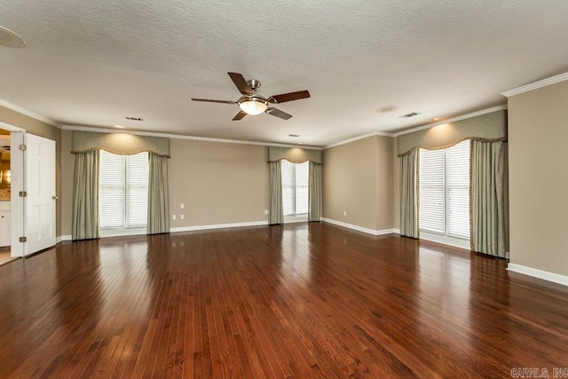 unfurnished living room featuring crown molding, dark hardwood / wood-style floors, a textured ceiling, and ceiling fan