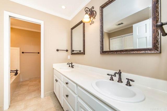 bathroom featuring double sink, crown molding, large vanity, and tile floors