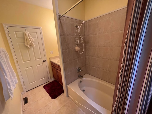 bathroom with shower / bath combination with curtain, tile flooring, and vanity