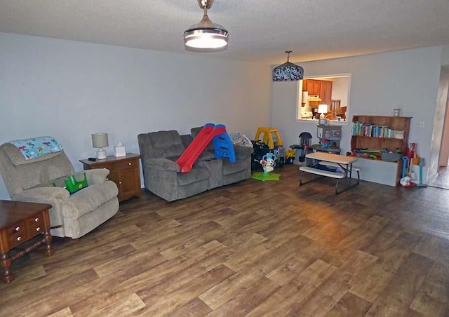 living room with dark hardwood / wood-style floors and a textured ceiling