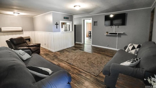 living room featuring crown molding and dark wood-type flooring