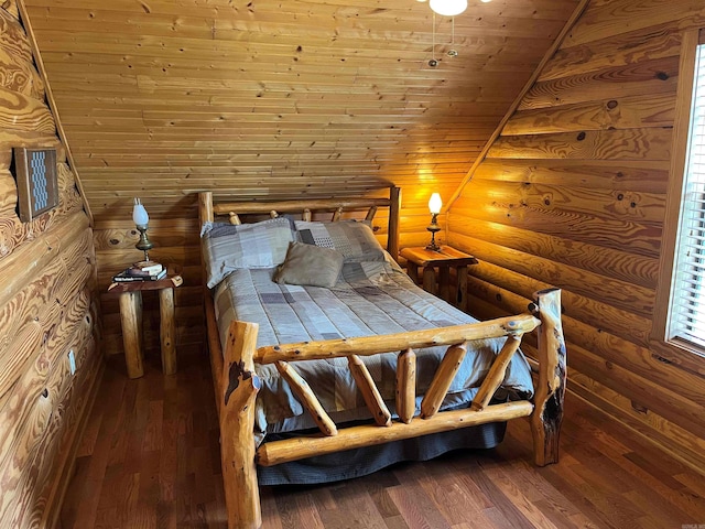 unfurnished bedroom with dark hardwood / wood-style floors, wood ceiling, rustic walls, and lofted ceiling