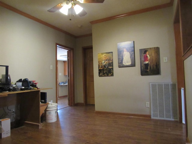 hallway with dark hardwood / wood-style floors and ornamental molding