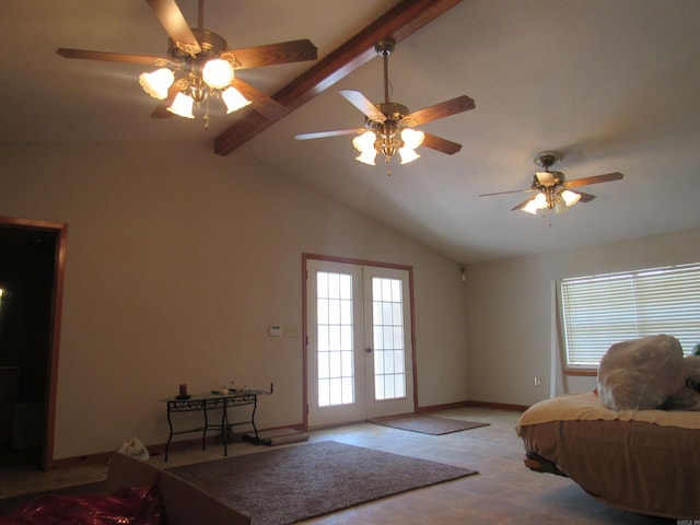 bedroom with high vaulted ceiling, french doors, ceiling fan, and beamed ceiling