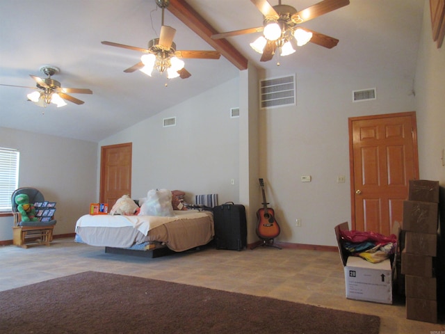 bedroom with radiator heating unit, light tile flooring, ceiling fan, and vaulted ceiling with beams