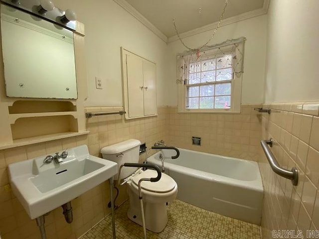 bathroom with tile walls, toilet, and tile flooring