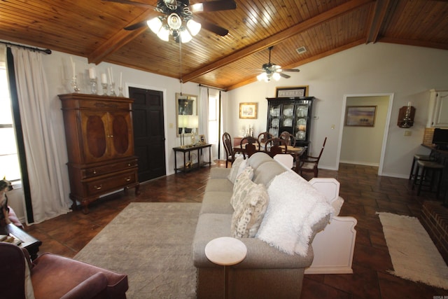 tiled living room featuring wood ceiling, vaulted ceiling with beams, and ceiling fan