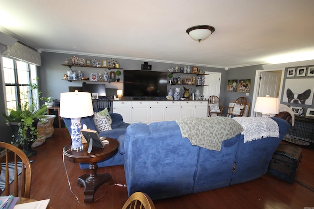 living room featuring ornamental molding and dark hardwood / wood-style floors