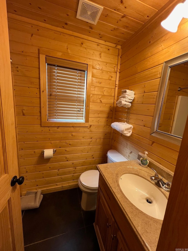 bathroom with vanity, wood ceiling, wooden walls, and toilet