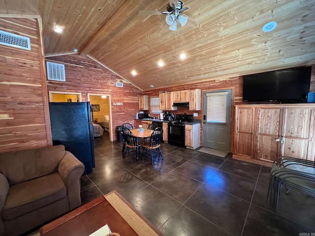 living room with lofted ceiling, wooden walls, and wooden ceiling