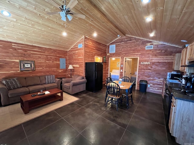 tiled living room featuring wooden walls, lofted ceiling with beams, electric panel, ceiling fan, and wood ceiling