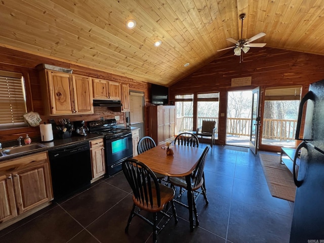 kitchen with wood walls, wooden ceiling, sink, and black appliances