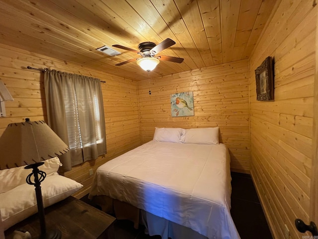 bedroom with ceiling fan, wooden walls, and wooden ceiling