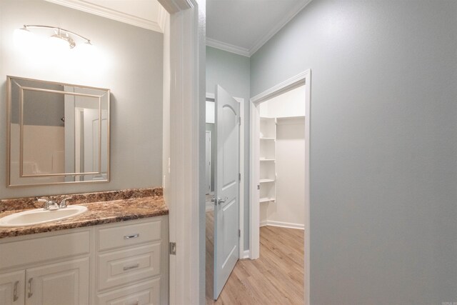 bathroom featuring crown molding, vanity, and wood-type flooring