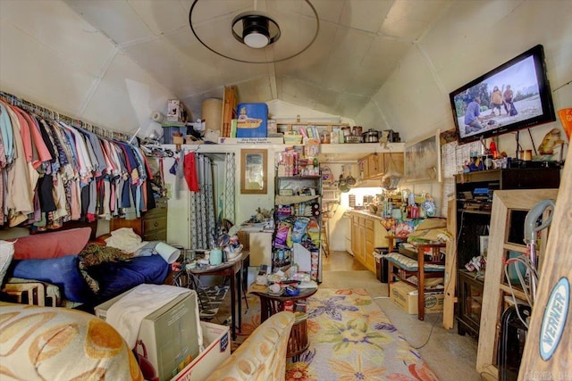 misc room with lofted ceiling, ceiling fan, and light colored carpet