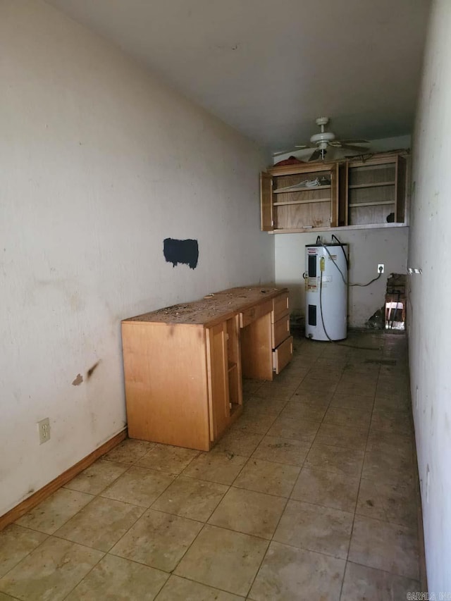 kitchen featuring tile flooring, ceiling fan, and water heater