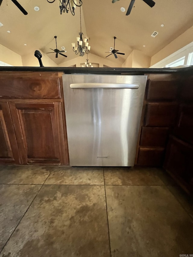 kitchen with stainless steel dishwasher, ceiling fan with notable chandelier, and vaulted ceiling