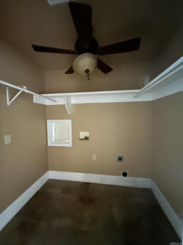 laundry area featuring electric dryer hookup and ceiling fan