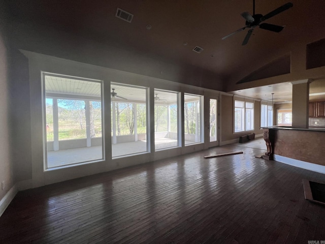 empty room featuring ceiling fan, pool table, dark wood-type flooring, and high vaulted ceiling