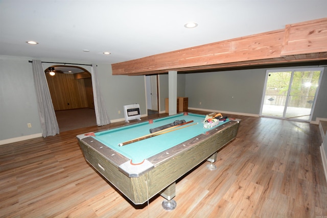 recreation room with pool table and light hardwood / wood-style flooring