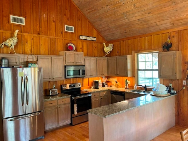 kitchen featuring lofted ceiling, wood walls, light wood-type flooring, and stainless steel appliances