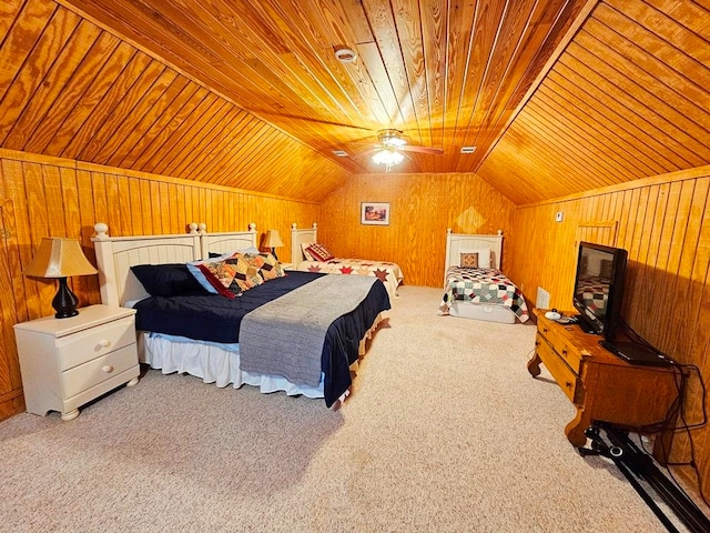 carpeted bedroom featuring wooden ceiling, lofted ceiling, and wooden walls