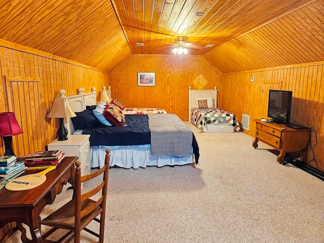 carpeted bedroom with wood ceiling and wood walls