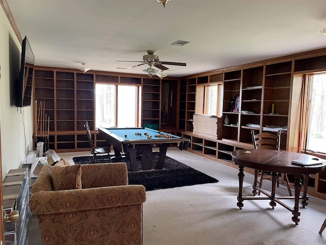 rec room featuring ceiling fan, light carpet, and billiards