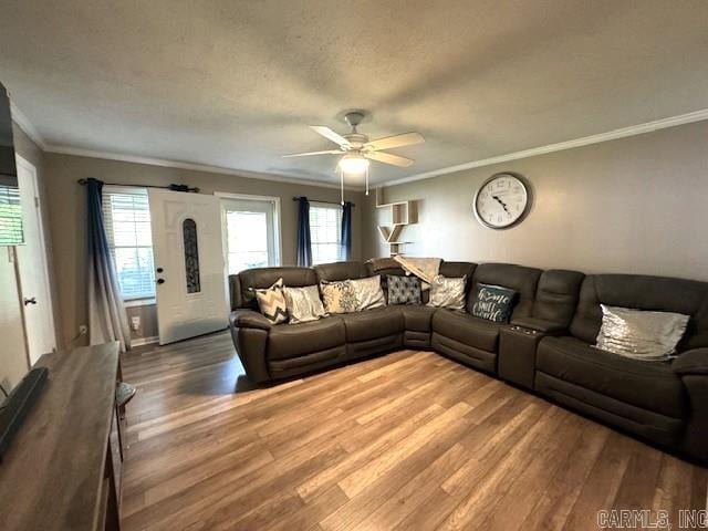 living room with crown molding, wood-type flooring, and ceiling fan