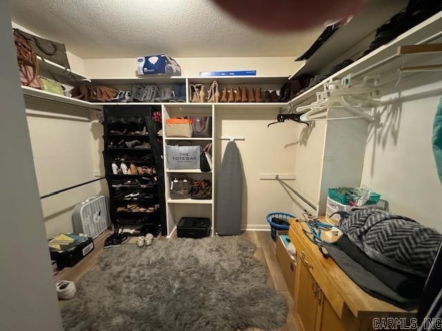 walk in closet with hardwood / wood-style flooring