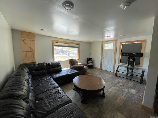 living room featuring dark wood-type flooring