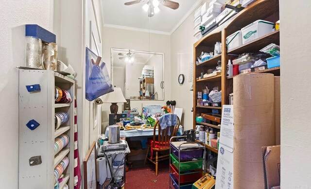 home office featuring ceiling fan and ornamental molding