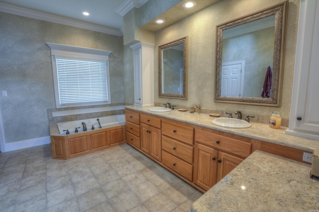 bathroom with a bath to relax in, tile floors, double vanity, and ornamental molding