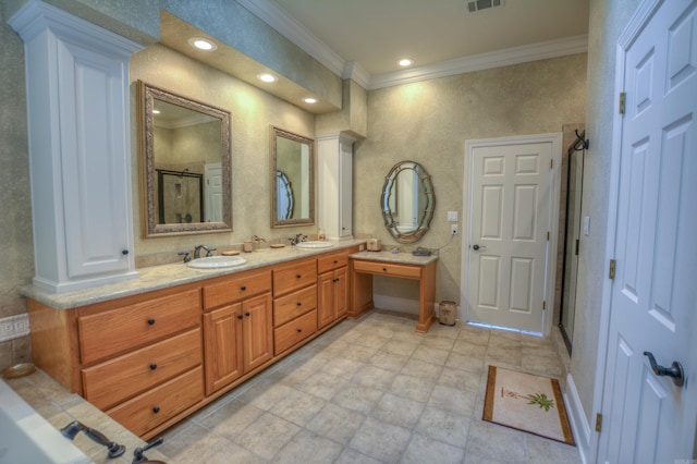 bathroom featuring double vanity, crown molding, a shower with shower door, and tile floors