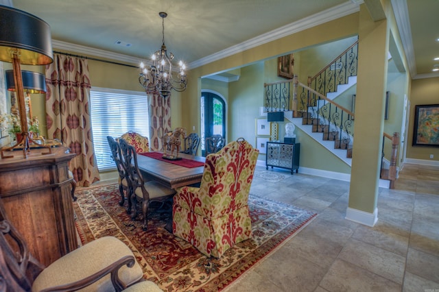 tiled dining area featuring ornamental molding and a notable chandelier