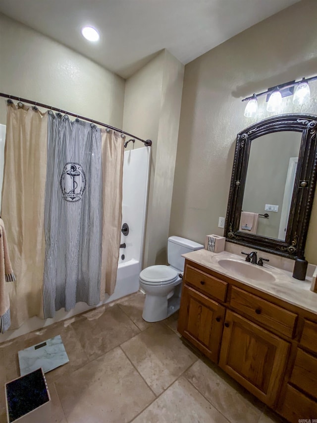 full bathroom featuring tile flooring, shower / bathtub combination with curtain, toilet, and vanity